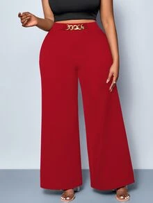 SHEIN CURVE+ 大尺碼女款純色腰帶裝飾寬腿長褲，適合四季穿著，適用於派對、演唱會、日常通勤風格、音樂節、浪漫場合、情人節、度假 - 紅色 - 查看 4