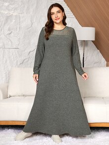 Lacomfia Hollow Lace Patchwork Knit Brushed Ribbed Loose Long Sleeve Dress Casual Minimalist Fashion Elegant Comfortable Plus Size - Fresh Green - View 6