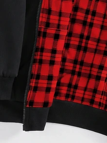 SHEIN 青少年男孩休閒格紋素色雙面可穿連帽外套，正反兩面皆可穿 - 黑色 - 查看 7