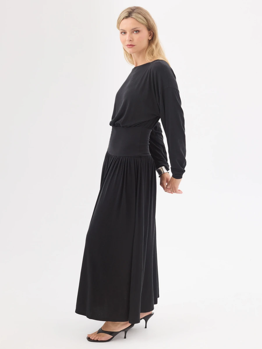 KÆRIA Hus Long Sleeve Blouson Long Dress - Soft Touch Drape Jersey - Black - Drop Waist, Gathered Hem - Black - View 1