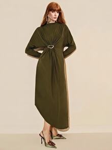 Arave Gaun Lengan Panjang Wanita Elegan Desain Minimalis dengan Hiasan Gesper Logam dan Lipatan di Pinggang, Lapisan Dasar Serbaguna untuk Perjalanan Sehari-hari - Olive Green - View 9