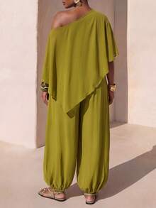 Zivah Plus Size Women Solid Color Asymmetrical Shoulder Top And Pants Casual Daily 2 Pieces Set - Olive Green - View 4