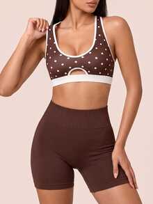 SHEIN BAE Women's Colorblock Polka Dot Print Daily Fitness Sports Bra - Coffee Brown - View 4