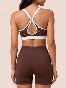 SHEIN BAE Women's Colorblock Polka Dot Print Daily Fitness Sports Bra - Coffee Brown - View 2