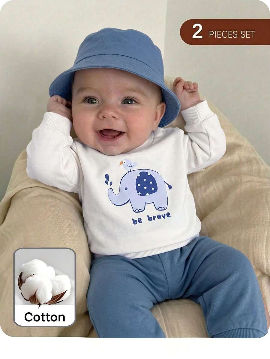 SHEIN Newborn Baby Boy Cute Autumn/Winter Versatile Cartoon Elephant Pattern Sweatshirt & Elastic Waist Long Pants Set - Blue - View 1