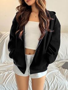 SHEIN 青少年女孩針織純色雙口袋寬鬆休閒衛衣 - 黑色 - 查看 7