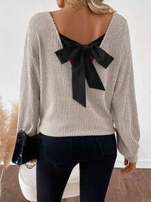 Weeklong Plus Size Women Casual Daily Relaxed Loose Knit V-Neck Vertical Stripe Drop Shoulder Flattering Waist Bow Back Decor Versatile T-Shirt - Light Grey - View 3