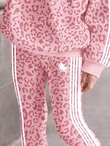 Vintage Fashion Pink Leopard Print Colorblock Sports Stripe, Girls Casual Crew Neck Long Sleeve Sweatshirt & Leggings 2pcs Set New Style Suitable For Autumn/Winter Daily Wear, Outings, Campus, Sports, Back To School Season, Relaxed Chic, American Streetwear Girl, Sweet Cool Relaxed Fashion - Multicolor - View 4