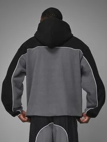 STYNVO 男士休閒拼色抓絨連帽外套，寬鬆版型上衣，適合戶外登山與日常休閒穿著 - 深灰色 - 查看 2