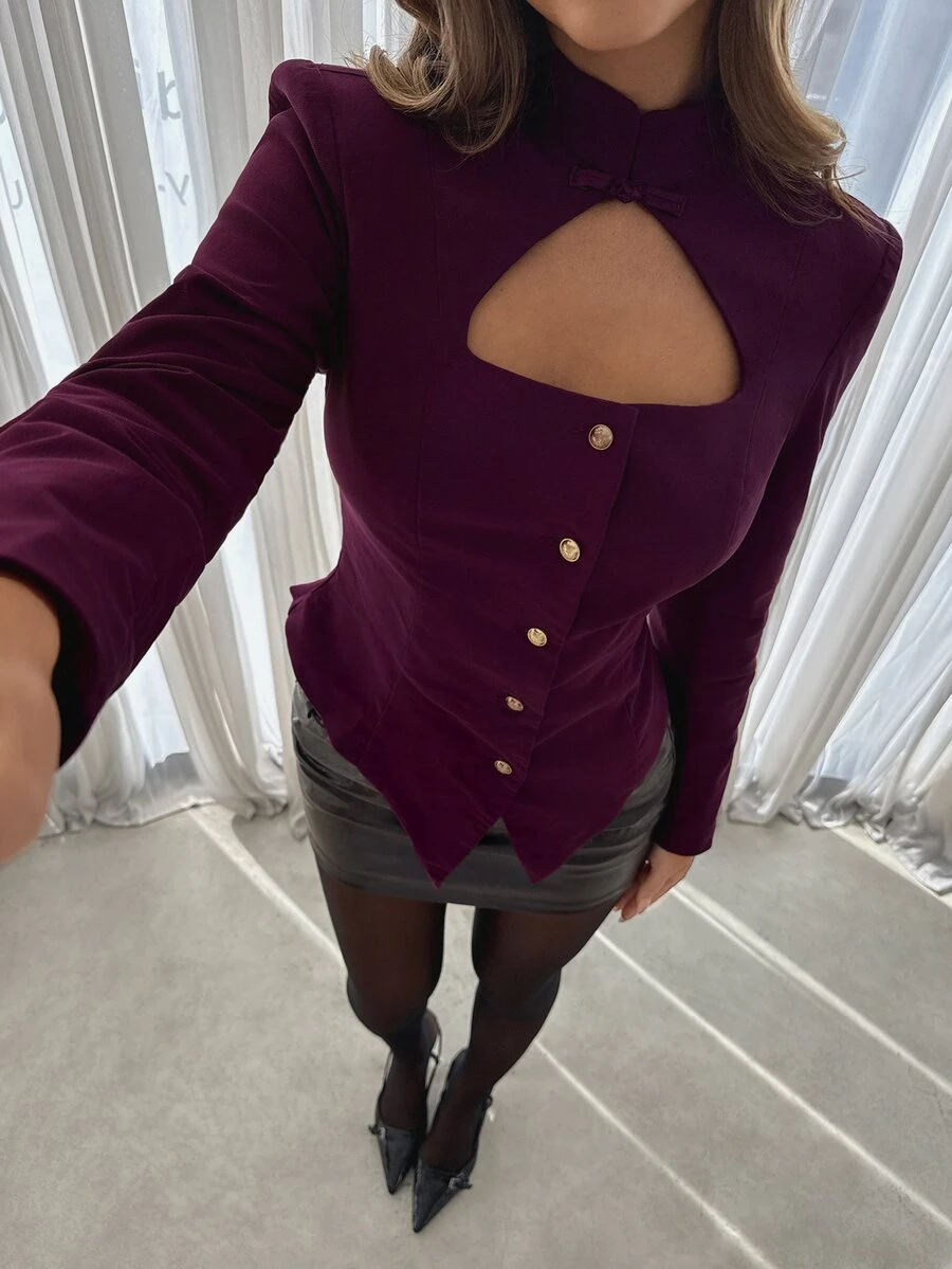 Siren Gaze Women's Solid Color Frog Button Design Elegant Vintage Blazer - Burgundy - View 1