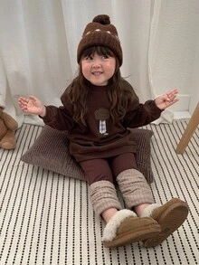 DAZY Gaun Bayi Perempuan Bordir Leher Bulat Bahu Jatuh Lengan Panjang Longgar - Coffee Brown - View 5