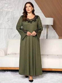 Lacomfia Ribbed Knit Long Dress With Excellent Inclusivity, Vertical Rib Texture Slimming And Heightening, Draping Smoothly Without Clinging. Exquisite Black Lace Embroidered Collar Soft And Romantic, Delicate Rhinestone Embellishments On Neckline Enhancing Elegance; Cropped Sleeves With Hollow Embroidery Details And Rhinestone Design, Loose A-Line Flare Fitting Multiple Body Types, Suitable For Home And Outings, Autumn/Winter Dress - Army Green - View 7