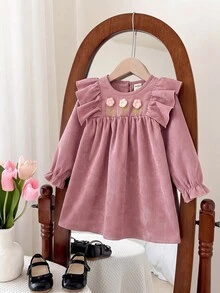 SHEIN Baby Girl Cute Casual Pink Corduroy Floral Pattern Dress - Pink - View 7