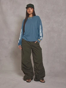 MUSERA 大廓型圖案袖長版T恤酷女孩街頭風日常校園風1997度假風春夏季休閒上衣 - 水鴨藍 - 查看 5