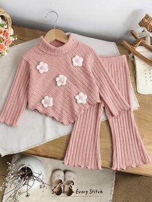 SHEIN Baby Girl Cute Autumn/Winter Versatile Polka Dot Bow Long Sleeve Sweatshirt & Elastic Waist Long Pants Set - Apricot - View 5