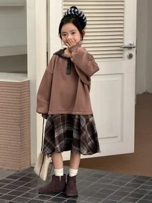 DAZY Tween Girl Patchwork Plaid Ruffle Hem Dropped Shoulder Long Sleeve Casual Hooded Dress - Camel - View 8