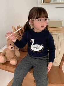 DAZY Infant Girl Round Neck Cartoon Long Sleeve Color Block Autumn Winter Sweater - Navy Blue - View 4