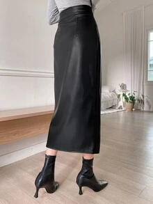 Dazy Tall Women's Long Straight PU Leather Skirt Elegant Skirt - Black - View 7