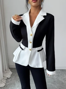 Elenzga Two Tone Lapel Neck Peplum Blazer - Black and White - View 3