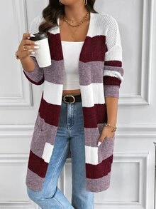 Vionelle Cardigan Kasual Wanita Ukuran Plus dengan Motif Blok Warna untuk Pemakaian Sehari-hari - MultiWarna - View 4