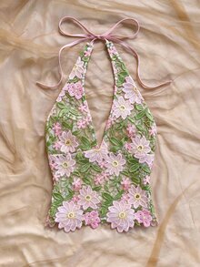 Soleia 新款性感浪漫花卉刺繡V領露背綁帶背心，適合約會、夜店、波希米亞風、度假、秋季女裝、復古、節日 - 粉色 - 查看 4