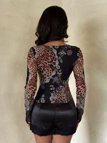 Aloruh Women's Elegant V-Neck Lace Patchwork Long Sleeve Fitted Printed Blouse - Multicolor - View 7