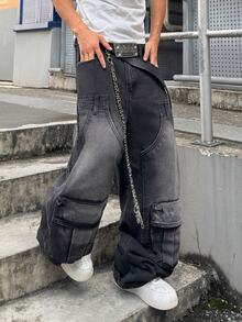 STEELVANCE Men's Streetwear Retro Fashion Versatile Distressed Washed Rivet Patchwork Multi-Pocket Design Loose Straight Wide Leg Casual Denim Jeans (Belt And Accessories Not Included) - Black - View 4