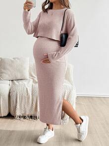 SHEIN 孕婦純色圓領短袖上衣與裙子兩件套 - 藕粉色 - 查看 5