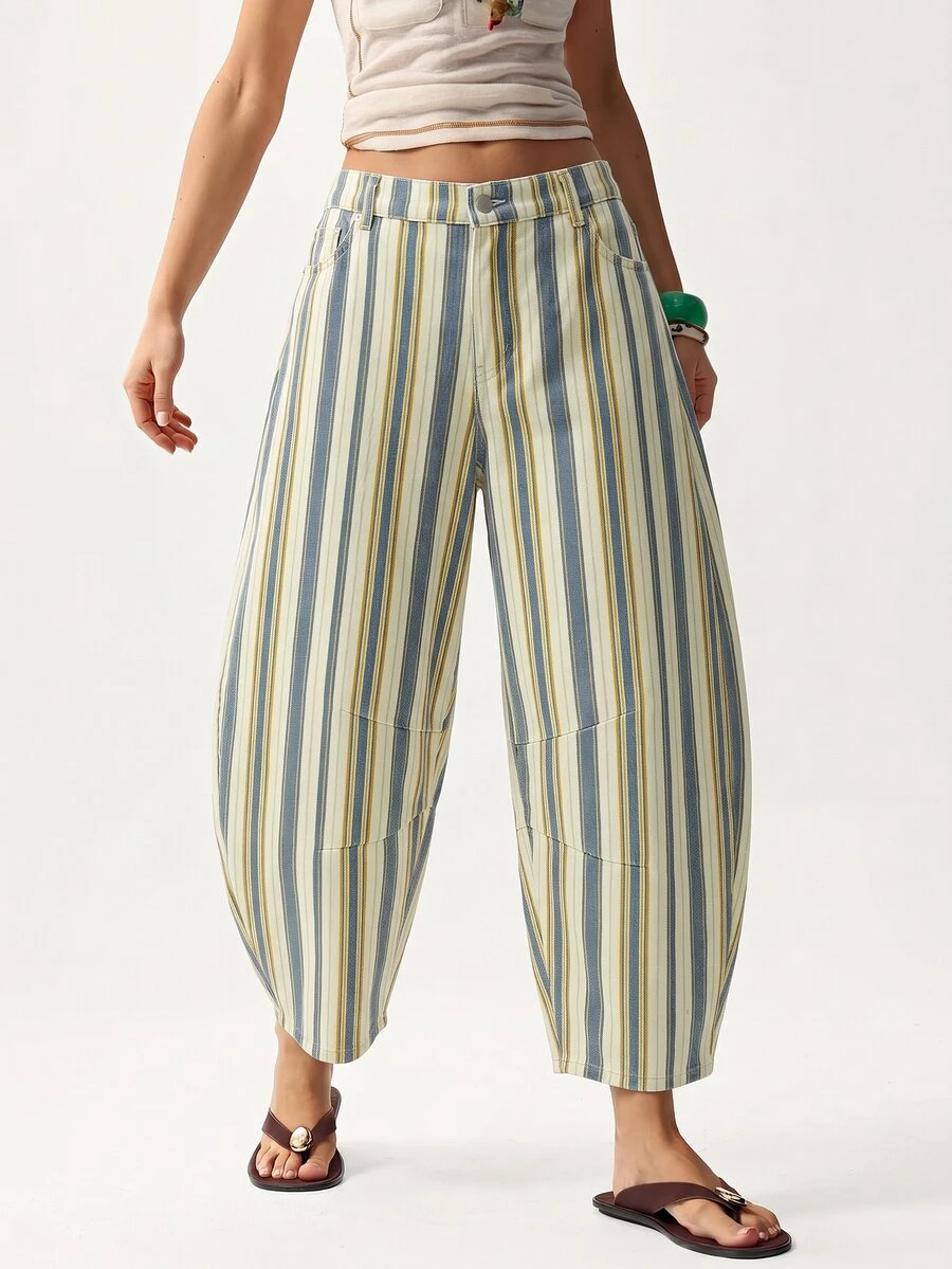 SHEIN MOD Plus Size Street Fashion Button Striped Colorblock Denim Jeans - Multicolor - View 1