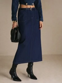 Poéselle 女款高腰牛仔裙，對比縫線配腰帶，修身A字版型 - 深色水洗藍 - 查看 1