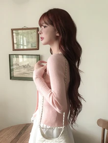 DAZY 女款素色修身短版長袖V領休閒度假韓風秋冬針織開襟外套 - 粉色 - 查看 1