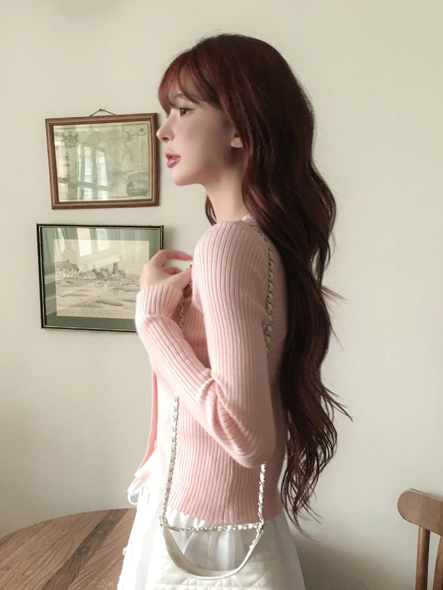 DAZY 女款素色修身短版長袖V領休閒度假韓風秋冬針織開襟外套 - 粉色 - 查看 1