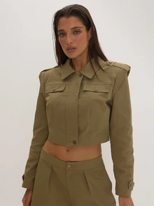 MUSEYN Khaki Woven Cropped Epaulette Style Blazer Versatile Everyday Casual Fall - Army Green - View 2