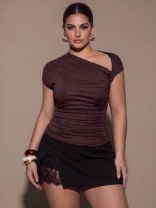 SHEIN BAE CURVE Plus Size Women's Asymmetrical Neckline Ruched Top - Brown - View 7