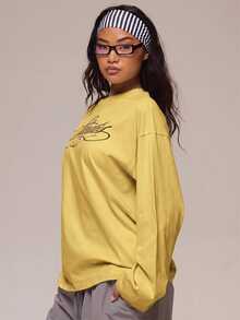 MUSERA 白色圖形Logo細節長袖上衣 冬季休閒日常舒適穿搭酷白女款上衣 - 黃色 - 查看 3