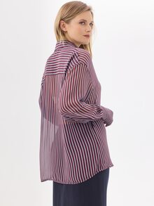 KÆRIA Hus Sheer Long Sleeve Button-Up Shirt - Chiffon - Burgundy & Blue Stripe - Relaxed, Workwear, Elegant - Pink - View 2