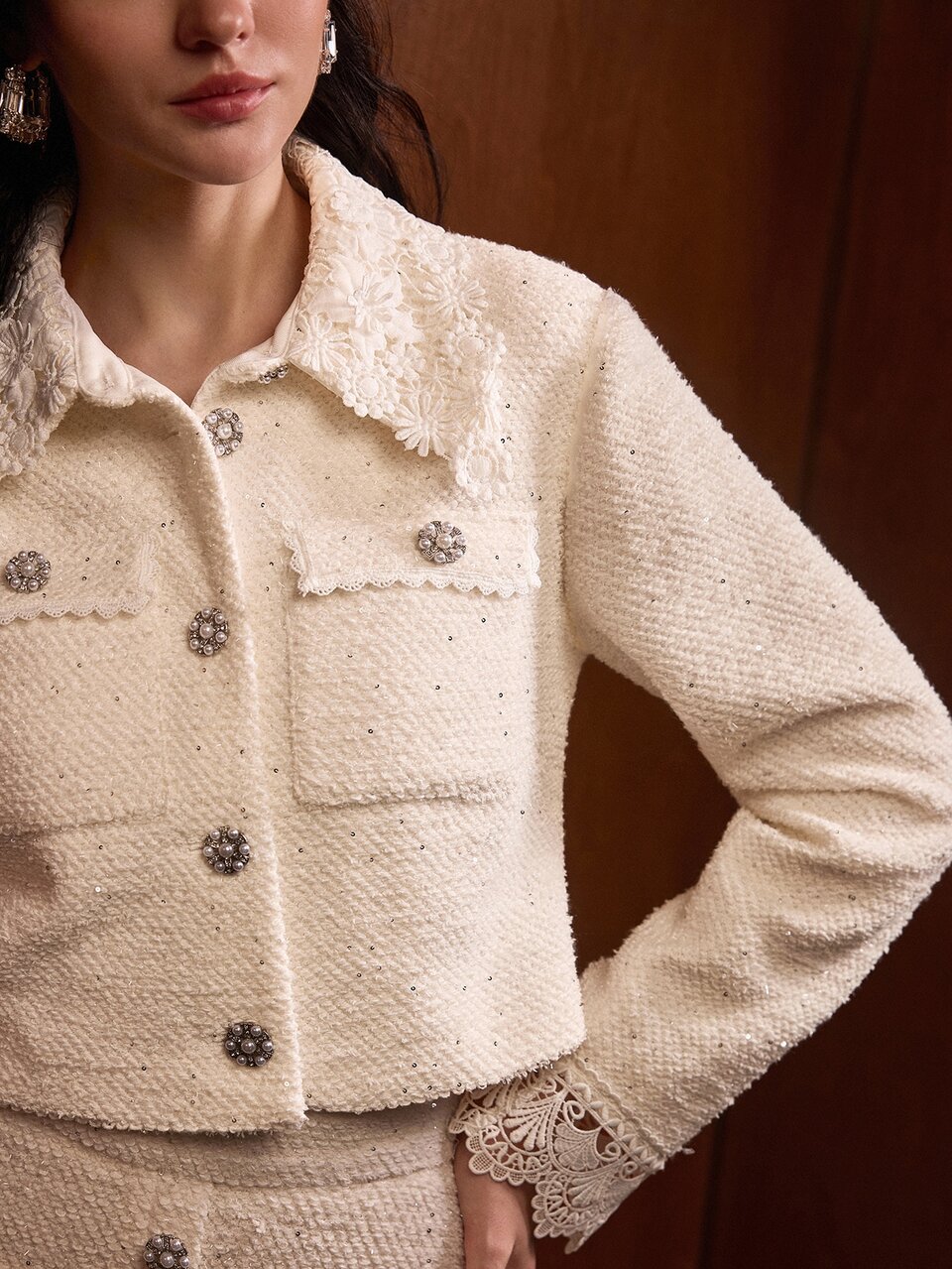 MOTF WOMEN'S EMBROIDERED COLLAR COLORBLOCK PATCHWORK FITTED SHORT JACKET, AUTUMN/WINTER