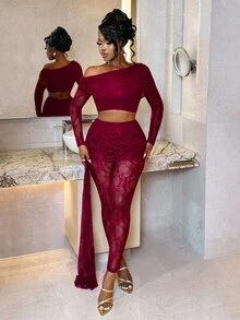 BamGleam Atmospheric Burgundy Asymmetrical Shoulder Lace Long Sleeve Top And Sexy Girl Set With Ribbon Bodycon Pants - Burgundy - View 3