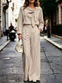 EMERY ROSE Women's Apricot Faux Linen Asymmetrical Knot Collar Straight Leg Formal Pants Old Money Style Two Pieces Set Spring Autumn Elegant Commute - Apricot - View 1