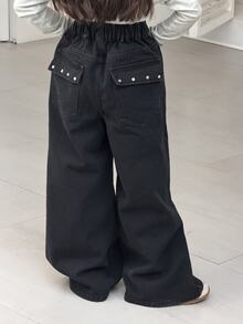DAZY Tween Girl Pocket Wide Leg Loose Casual Denim Jeans - Black - View 1