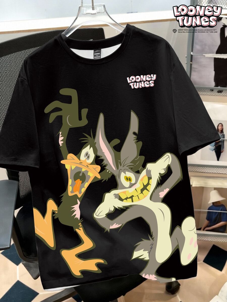 LOONEY TUNES X SHEIN Daypath 男士萬聖節卡通印花圓領短袖休閒T恤 - 黑色 - 查看 1