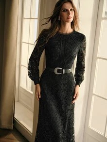 MOTF PREMIUM VINTAGE LACE HOLLOW OUT ELEGANT WOMEN'S DRESS - Black - View 3