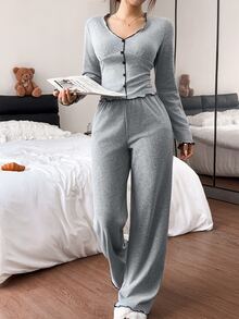 Napfluff Autumn/Winter Women's Casual Loungewear Set, Fashionable V-Neck Comfortable Fabric Wearable Home Outfit - Grey - View 6