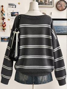 Lalippa Women's Striped V-Neck Drop Shoulder Long Sleeve Loose Casual Sweater - Grey - View 2