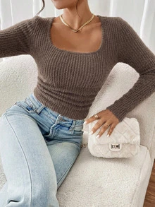 SHEIN Frenchy 女款極簡復古毛絨長袖T恤街頭休閒風 - 咖啡棕 - 查看 4
