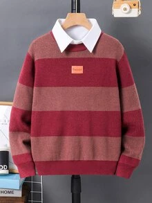 SHEIN 兒童青少年男孩休閒百搭柔軟舒適加厚紅色毛衣，適合秋季、學校、家庭聚會、度假、派對，秋季穿搭，冬季穿搭 - 彩色 - 查看 3