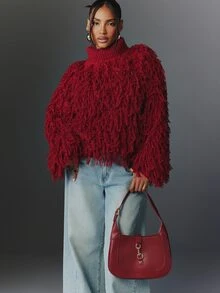 NYA SZN Knit Top Long Sleeve Sweater Fringe Holiday Festival Special Occasion Everyday Casual Work Concert Going Out Club Cozy Chic Cute Party Red Fall Winter - Red - View 4