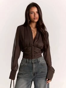 SHEIN BAE Women's Solid Color Deep V-Neck Long Sleeve Ruched Fashion Top - Brown - View 5