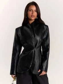 SHEIN BAE Women's Solid Color PU Leather Long Sleeve Fashion Blazer - Black - View 5