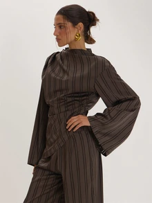 MUSEYN Brown Satin High Neck Ruched Waist Blouser Versatile Everyday Casual Fall - Coffee Brown - View 3